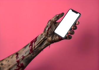 Creepy Halloween monster zombie hand holding a mobile phone with a blank screen ,Ai