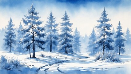 Naklejka premium Serene winter landscape with snow-covered trees and soft blue tones in watercolor style