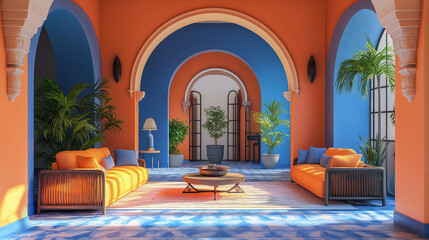 Obraz premium Vibrant Moroccan-Style Interior: Arched Blue And Orange Walls With Bright Orange Sofas, Potted Greenery, And Sunlight Casting Patterns On The Tiled Floor