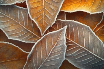 Macro shot of frozen leaves with intricate frost patterns, capturing the delicate beauty of wintera??s touch.