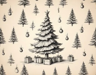 Obraz premium A flat lay of Christmas decorated paper, adorned with gold stars and silver ornaments, on a rustic dark wooden table, with a cozy red and white knitted scarf beside it. fir beanches, small lights, 
