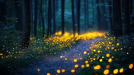  Glowing path in forest with trees in background
