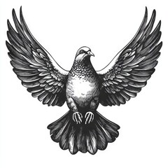 Fototapeta premium Black and white illustration of a dove with wings spread.
