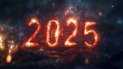 Fiery representation of the year 2025 glowing amid smoke and sparks, capturing a dramatic and festive atmosphere in a dark setting
