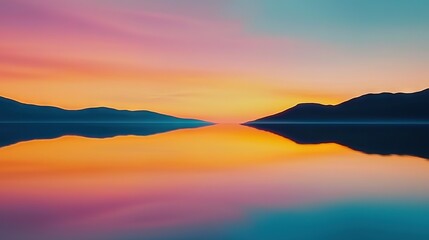 Fototapeta premium A vast expanse of water stretches out towards the majestic mountains on the horizon, bathed in the warm glow of a stunning sunset
