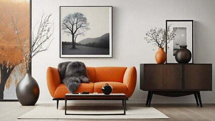 Modern living room featuring an inviting orange sofa, elegant decor, ambient light, and a beautiful tree photograph for a chic atmosphere