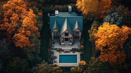 Aerial View of Elegant Home Surrounded by Trees