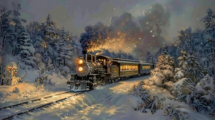 A vintage steam train chugging through the snow-covered landscape