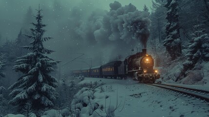 Fototapeta premium A vintage steam train chugging through the snow-covered landscape