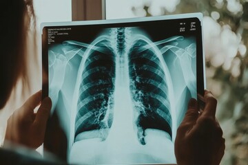 Doctor examining lungs x ray for pneumonia, tuberculosis, or cancer diagnosis