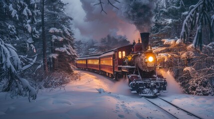 An old-fashioned steam train chugging through the snow-covered landscape