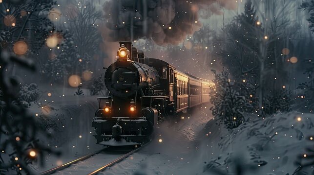 A vintage steam train chugging through the snow-covered landscape