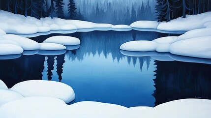   A winter landscape featuring a snow-covered pond and rocky foreground, with trees in the distance