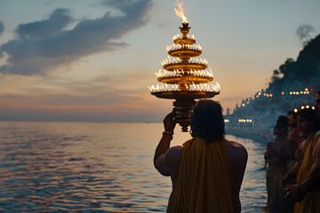 A Sadhu performing the Ganga Aarti ceremony in India, surrounded by the sacred glow of lamps and the river’s flowing waters, embodying devotion, spirituality, and tradition