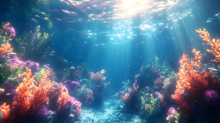 A Captivating Underwater Kelp Forest with Brown Algae Surrounded by Mystical Marine Life and Sunlit Waters