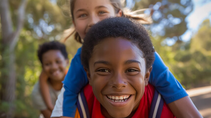 Kids in Elementary School Sports Team Piggybacking Outdoors