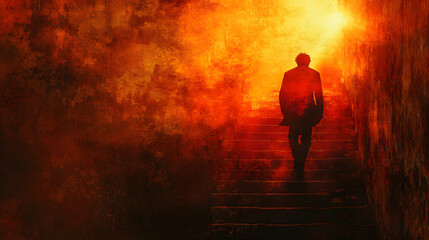 Obraz premium A Man Ascending a Radiantly Lit Staircase at Sunset, Embracing the Enchantment of the Evening Light