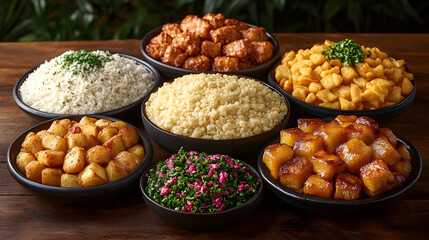 Artful Display of Diverse Mandioca Dishes Inviting the Observer to Experience a Harmonious Blend of Flavors and Colors