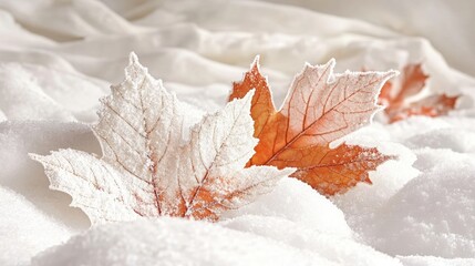 Snow-dusted leaves resting on a bed of white snow, capturing the contrast of colors and textures in winter.