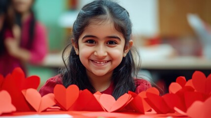 A cheerful child proudly displays her handmade red paper hearts during a crafting activity in a lively classroom