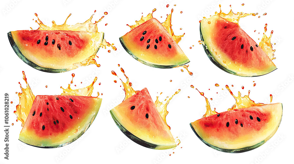 Poster fresh watermelon slices with juicy splashes on a clear background generative ai