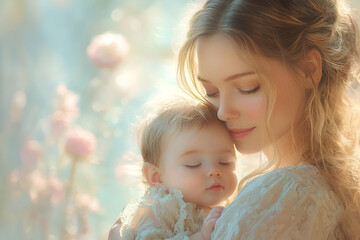 A serene moment capturing a loving mother holding her sleeping baby in a softly lit, floral background.