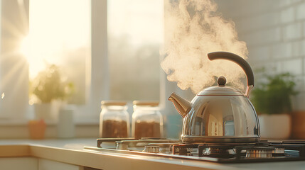 A classic kettle on a stove, bubbling with boiling water, filling the air with warmth and anticipation of a soothing cup of tea or coffee