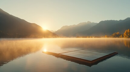 Floating Solar Panels at Sunrise Over Serene Water