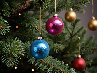 wallpaper representing szq fir leaves with multicolor Christmas balls.