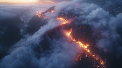 Fototapeta premium Aerial view of a wildfire burning through a mountain range, with smoke and clouds in the background.