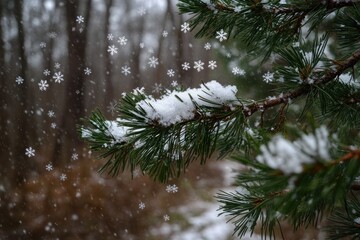 Snowflakes gently landing on pine branches, creating a serene winter moment in a quiet forest.