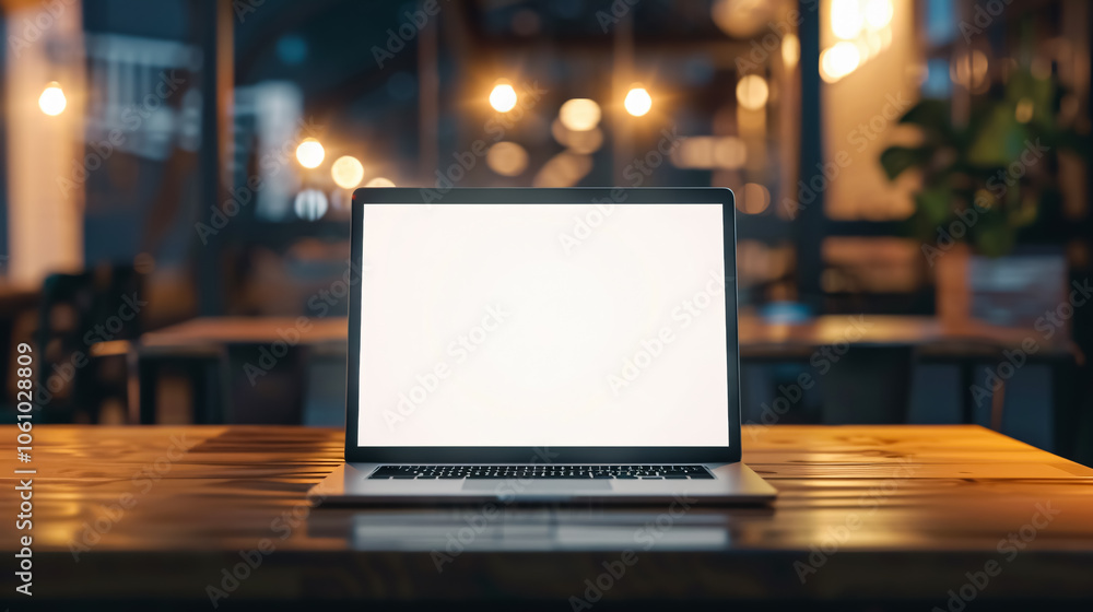 Poster laptop computer on wooden table with empty screen