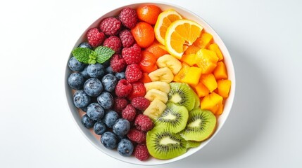 A vibrant smoothie bowl filled with an array of fresh fruits including raspberries, blueberries, bananas, mango, kiwi, and orange slices