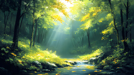 Obraz premium The Tranquil Forest: A Captivating Painting of Nature's Serenity and Beauty