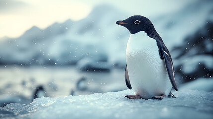 Obraz premium Dynamic Scene Capturing the Joyful Interactions of Adelie Penguins in Their Rugged Antarctic Habitat