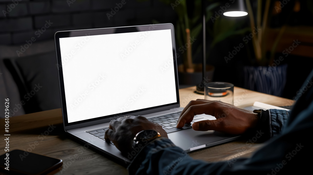 Poster laptop computer screen mockup: template background, man hand typing laptop computer with blank scree