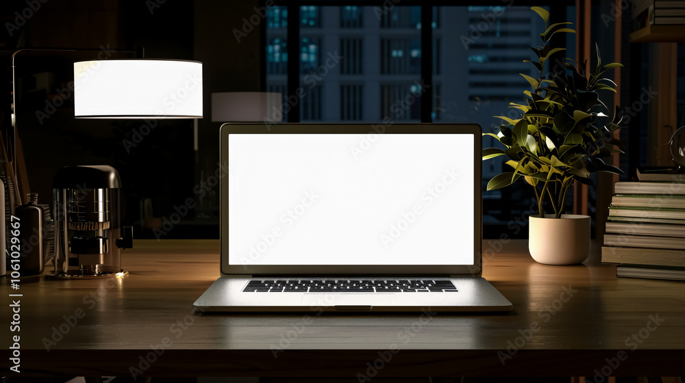 Poster laptop computer with white blank screen on work table: front view