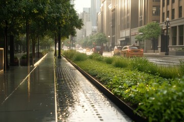 Urban Scene with Rainy Street and Greenery