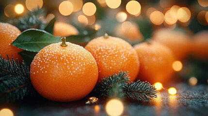 Fototapeta premium Artistic representation of oranges surrounded by pine, symbolizing abundance and freshness during the Lunar New Year.
