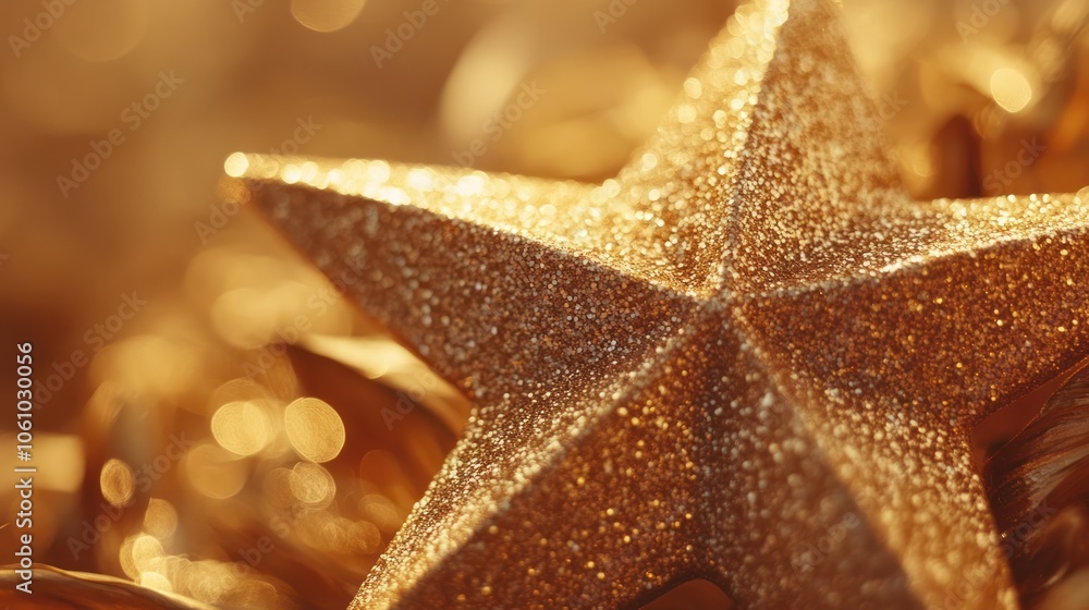Poster a close-up of a glittery gold star with a bokeh background