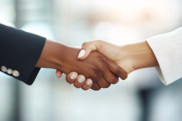 Close-up of two businesswomen shaking hands, one in a black suit, other in a white blazer, modern office, bright lighting 2