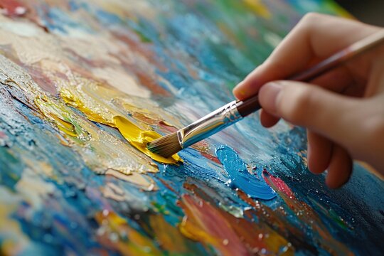 Young student using paintbrush in art class, vibrant paints on hand, indoor natural light, intense focus, afternoon, slight smile, medium close-up 1