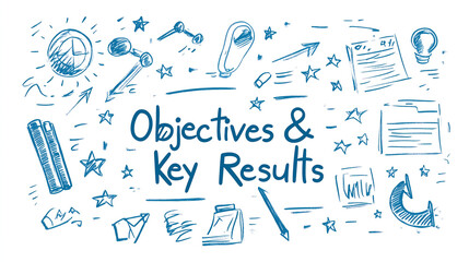 An inspiring, business-styled hand-drawn "Objectives & Key Results" in bold, simple font, with a soft gradient background in light blue. Motivational symbols.