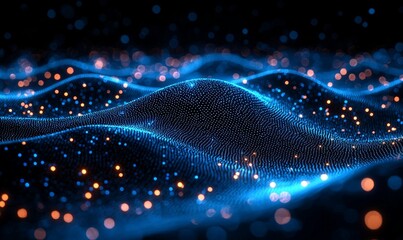 Abstract representation of waves with glowing particles, suggesting technology and data flow.