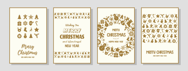 Fototapeta premium Christmas greeting card set with decoration in retro style. Santa Claus, tree, reindeer, present and snowflake icons. Vector illustration