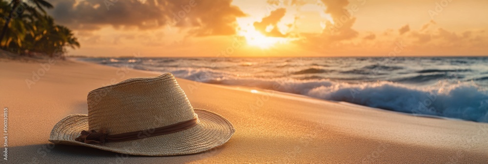 Aufkleber a straw hat lies on the soft sand of a beach, with gentle ocean waves and a colorful sunset creating