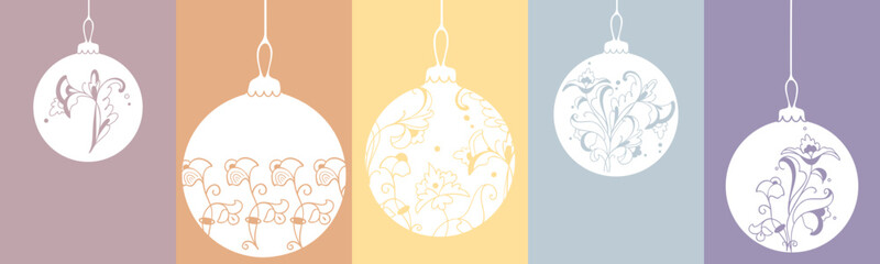 set of cards with Christmas balls with ornaments of decorative flowers