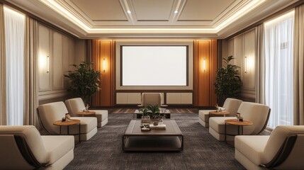 Fototapeta premium A modern home theater with plush white chairs and a large projection screen.