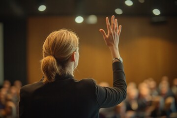 Woman from behind, early 30s, hand raised with confidence in a modern conference room, soft warm lighting, attentive audience, morning, medium close-up 1