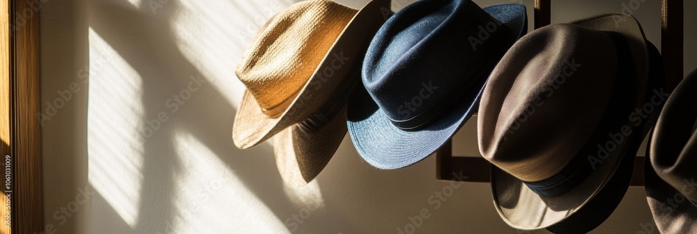 Poster Several stylish fedora hats are neatly hung on a display near a window, beautifully illuminated by sunlight creating warm shadows. Generative AI